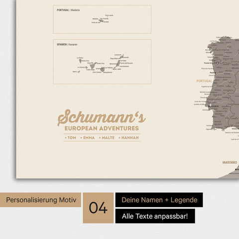 Europakarte als Poster in Warmgray (Braun-Grau) mit Personalisierung als Logo mit Familiennamen und Legende für Orte, die man bereits besucht hat und noch besuchen möchte