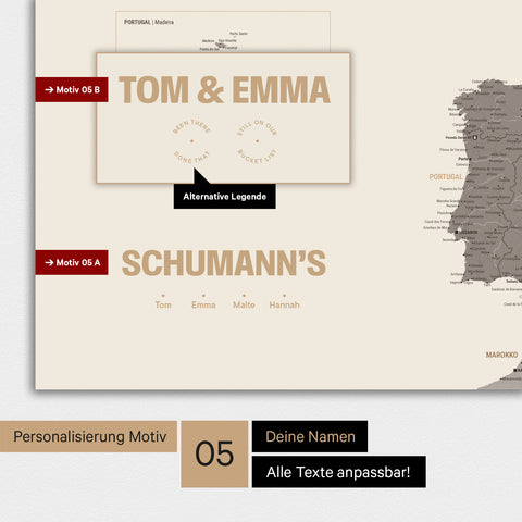 Europa Karte als Poster in Warmgray (Braun-Grau) mit Personalisierung als Logo mit einer Weltkugel