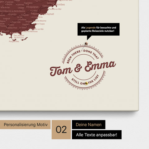 Frankreich-Karte Pinn-Leinwand in Bordeaux Rot mit Personalisierung als rundes Logo, das eine Legende für bereits besuchte Reiseziele im Rundtext beinhaltet