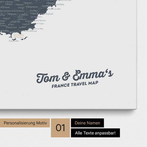 Landkarte von Frankreich als Pinnwand Leinwand in Denim Blue mit Personalisierung und Namen in einer modernen Schreibschrift