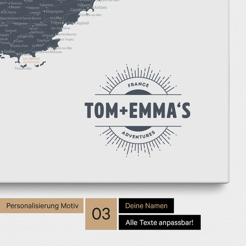 Frankrijk-kaart TRAVEL® Canvas Prikbord – Denim Blue