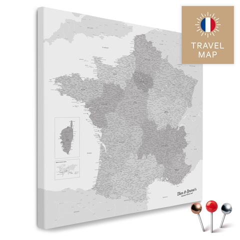 Frankreich-Landkarte in der Farbe Multicolor Grau in einem modernen, minimalistischem Design als Leinwand zum Pinnen von Reisen und Orten
