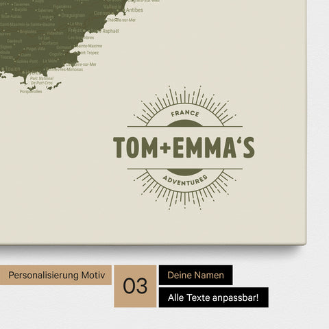 Frankrijk-kaart TRAVEL® Canvas Prikbord – Olive Green