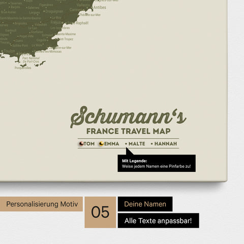 Frankrijk-kaart TRAVEL® Canvas Prikbord – Olive Green