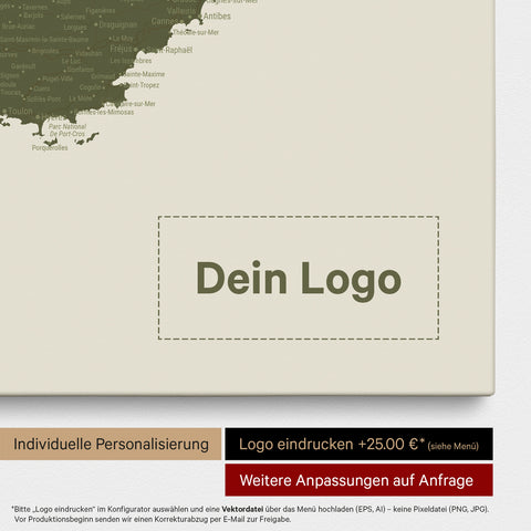 Frankrijk-kaart TRAVEL® Canvas Prikbord – Olive Green