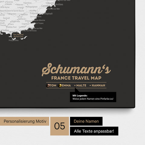 France Push Pin Map TRAVEL® (Pinboard) – Dark Black