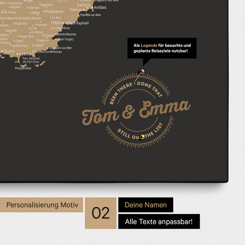 Frankreich-Karte Pinn-Leinwand in Sonar Black mit Personalisierung als rundes Logo, das eine Legende für bereits besuchte Reiseziele im Rundtext beinhaltet