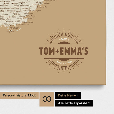 Frankrijk-kaart TRAVEL® Canvas Prikbord – Treasure Gold