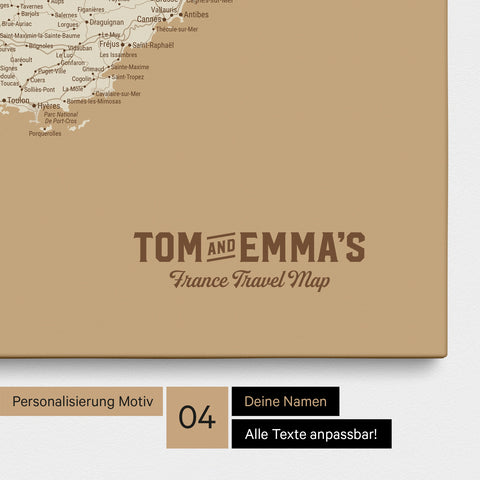 Frankrijk-kaart TRAVEL® Canvas Prikbord – Treasure Gold