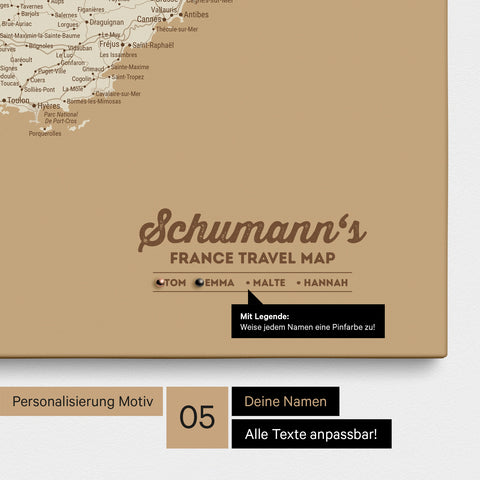 Frankrijk-kaart TRAVEL® Canvas Prikbord – Treasure Gold