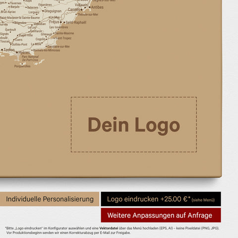 Frankrijk-kaart TRAVEL® Canvas Prikbord – Treasure Gold