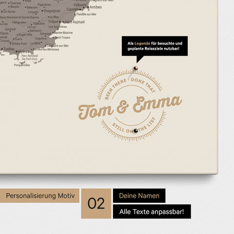 Frankreich-Karte Pinn-Leinwand in Warmgray mit Personalisierung als rundes Logo, das eine Legende für bereits besuchte Reiseziele im Rundtext beinhaltet