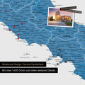 Italien Landkarte in Blau als Leinwand zum Pinnen zeigt einen Ausschnitt von Rom, Abruzzien und Kampanien mit vielen Details wie Nationalparks, Flüssen und zahlreichen kleinen Orten und Städten, die teilweise mit Pins markiert sind