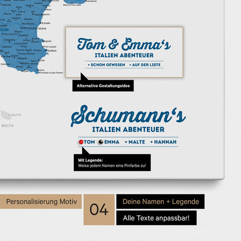 Italien-Karte als Leinwand in Blau mit Personalisierung als Logo mit Familiennamen und Legende für Orte, die man bereits besucht hat und noch besuchen möchte