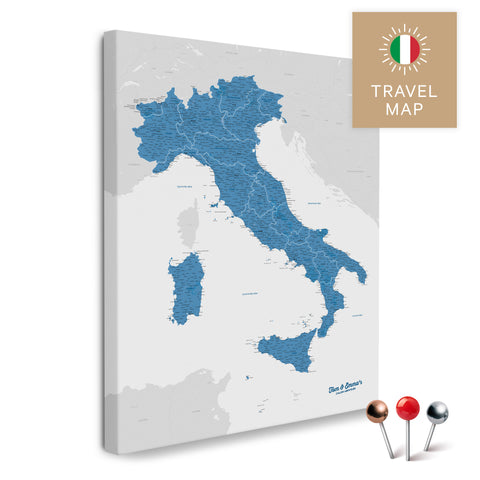 Italien-Landkarte in der Farbe Blau in einem modernen, minimalistischem Design als Leinwand zum Pinnen von Reisen und Orten