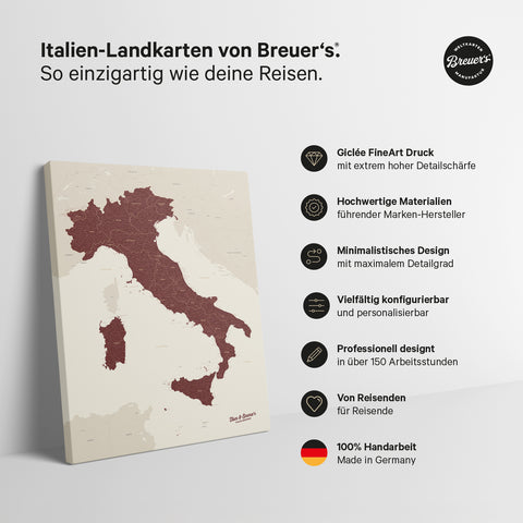 Italy Push Pin Map TRAVEL® – Bordeaux Red