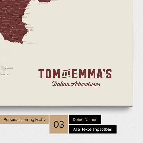 Italien-Karte zum Pinnen in Bordeaux Rot mit Personalisierung im Vintage-Stil