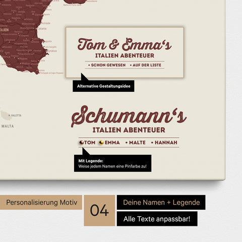 Italien-Karte als Leinwand in Bordeaux Rot mit Personalisierung als Logo mit Familiennamen und Legende für Orte, die man bereits besucht hat und noch besuchen möchte