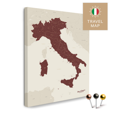 Italien-Landkarte in der Farbe Bordeaux Rot in einem modernen, minimalistischem Design als Leinwand zum Pinnen von Reisen und Orten