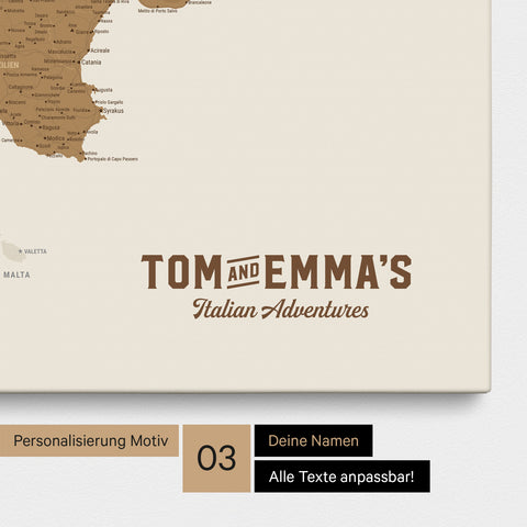 Italien-Karte zum Pinnen in Bronze mit Personalisierung im Vintage-Stil