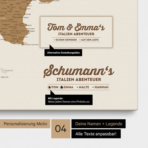 Italien-Karte als Leinwand in Bronze mit Personalisierung als Logo mit Familiennamen und Legende für Orte, die man bereits besucht hat und noch besuchen möchte