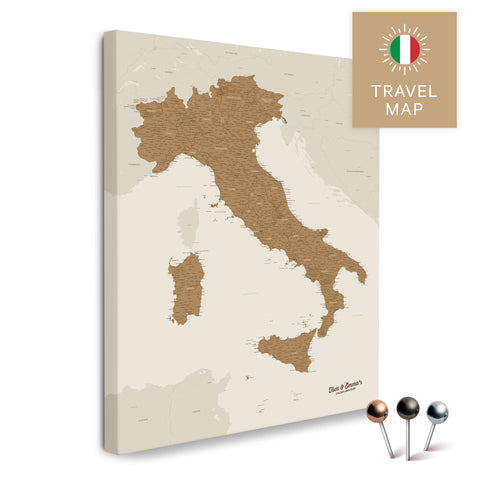 Italien-Landkarte in der Farbe Bronze in einem modernen, minimalistischem Design als Leinwand zum Pinnen von Reisen und Orten