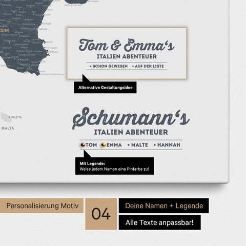 Italien-Karte als Leinwand in Denim Blue mit Personalisierung als Logo mit Familiennamen und Legende für Orte, die man bereits besucht hat und noch besuchen möchte