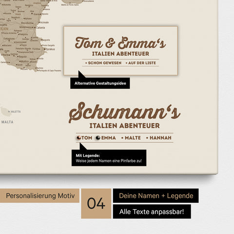 Italien-Karte als Leinwand in Beige mit Personalisierung als Logo mit Familiennamen und Legende für Orte, die man bereits besucht hat und noch besuchen möchte