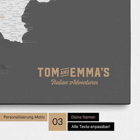 Italien-Karte zum Pinnen in Dunkelgrau mit Personalisierung im Vintage-Stil