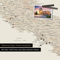Italien Landkarte in Gold als Leinwand zum Pinnen zeigt einen Ausschnitt von Rom, Abruzzien und Kampanien mit vielen Details wie Nationalparks, Flüssen und zahlreichen kleinen Orten und Städten, die teilweise mit Pins markiert sind