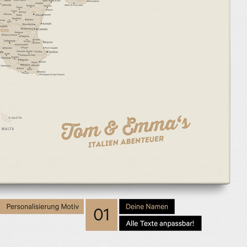 Landkarte von Italien als Pinnwand Leinwand in Gold mit Personalisierung und Namen in einer modernen Schreibschrift