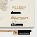 Italien-Karte als Leinwand in Gold mit Personalisierung als Logo mit Familiennamen und Legende für Orte, die man bereits besucht hat und noch besuchen möchte