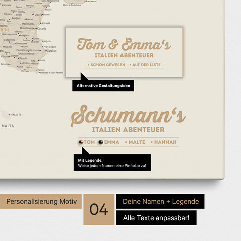 Italien-Karte als Leinwand in Gold mit Personalisierung als Logo mit Familiennamen und Legende für Orte, die man bereits besucht hat und noch besuchen möchte