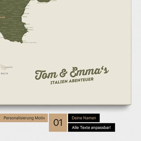 Landkarte von Italien als Pinnwand Leinwand in Grün mit Personalisierung und Namen in einer modernen Schreibschrift