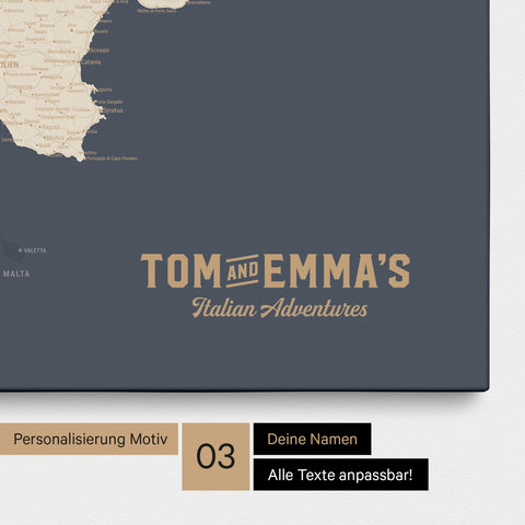 Italien-Karte zum Pinnen in Hale Navy (Dunkelblau Gold) mit Personalisierung im Vintage-Stil