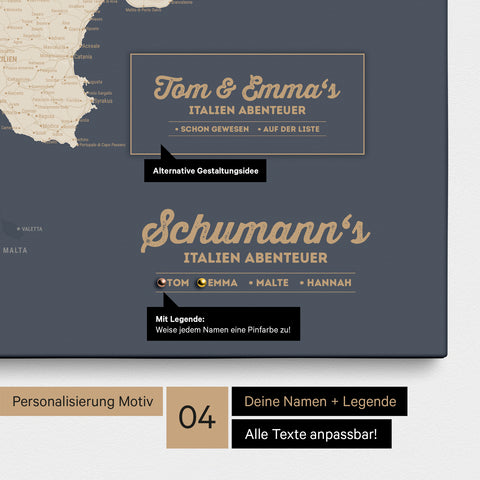 Italien-Karte als Leinwand in Hale Navy (Dunkelblau Gold) mit Personalisierung als Logo mit Familiennamen und Legende für Orte, die man bereits besucht hat und noch besuchen möchte