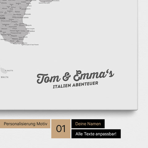 Landkarte von Italien als Pinnwand Leinwand in Hellgrau mit Personalisierung und Namen in einer modernen Schreibschrift