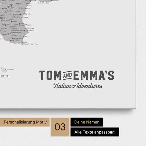 Italien-Karte zum Pinnen in Hellgrau mit Personalisierung im Vintage-Stil