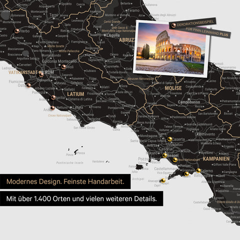 Italien Landkarte in Light Black als Leinwand zum Pinnen zeigt einen Ausschnitt von Rom, Abruzzien und Kampanien mit vielen Details wie Nationalparks, Flüssen und zahlreichen kleinen Orten und Städten, die teilweise mit Pins markiert sind