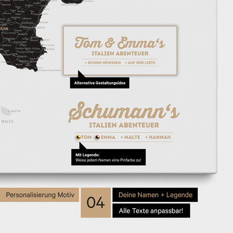 Italien-Karte als Leinwand in Light Black mit Personalisierung als Logo mit Familiennamen und Legende für Orte, die man bereits besucht hat und noch besuchen möchte