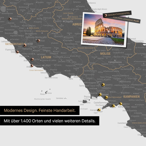 Italien Landkarte in Light Gray als Leinwand zum Pinnen zeigt einen Ausschnitt von Rom, Abruzzien und Kampanien mit vielen Details wie Nationalparks, Flüssen und zahlreichen kleinen Orten und Städten, die teilweise mit Pins markiert sind