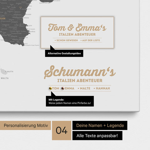 Italien-Karte als Leinwand in Light Gray mit Personalisierung als Logo mit Familiennamen und Legende für Orte, die man bereits besucht hat und noch besuchen möchte