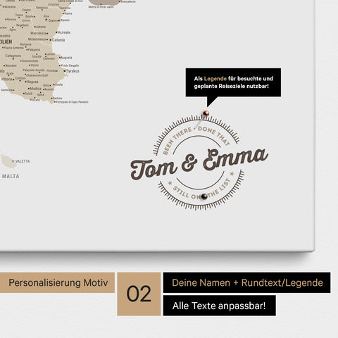 Italien-Karte Pinn-Leinwand in Multicolor Beige mit Personalisierung als rundes Logo, das eine Legende für bereits besuchte Reiseziele im Rundtext beinhaltet