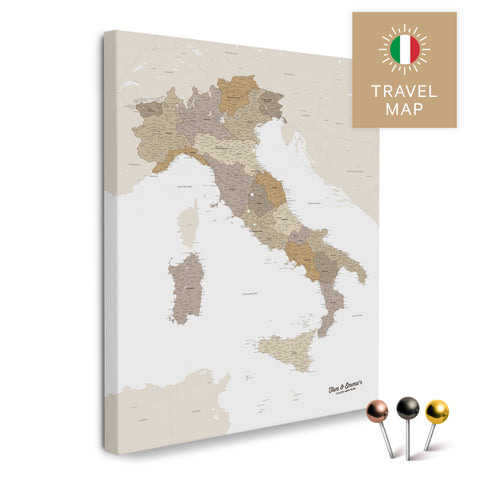 Italien-Landkarte in der Farbe Multicolor Beige in einem modernen, minimalistischem Design als Leinwand zum Pinnen von Reisen und Orten
