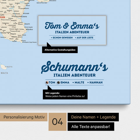 Italien-Karte als Leinwand in Multicolor Classic mit Personalisierung als Logo mit Familiennamen und Legende für Orte, die man bereits besucht hat und noch besuchen möchte