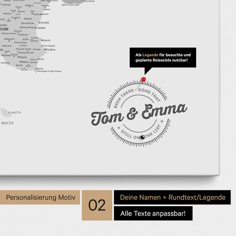 Italien-Karte Pinn-Leinwand in Multicolor Grau mit Personalisierung als rundes Logo, das eine Legende für bereits besuchte Reiseziele im Rundtext beinhaltet
