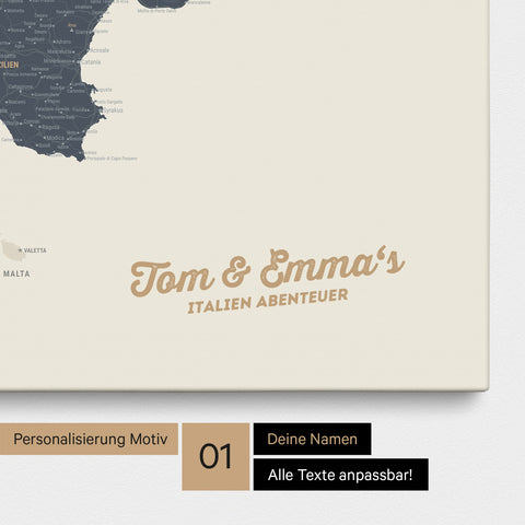 Landkarte von Italien als Pinnwand Leinwand in Navy Light mit Personalisierung und Namen in einer modernen Schreibschrift