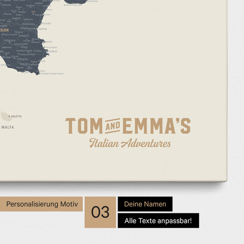 Italien-Karte zum Pinnen in Navy Light mit Personalisierung im Vintage-Stil