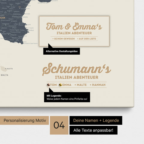 Italien-Karte als Leinwand in Navy Light mit Personalisierung als Logo mit Familiennamen und Legende für Orte, die man bereits besucht hat und noch besuchen möchte