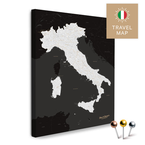 Italien-Landkarte in der Farbe Schwarz-Weiss in einem modernen, minimalistischem Design als Leinwand zum Pinnen von Reisen und Orten